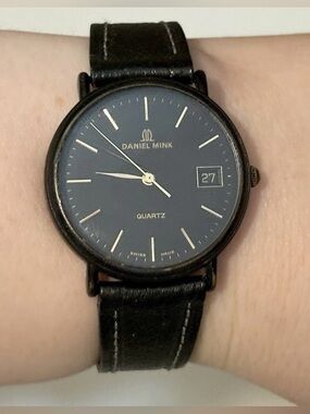 Rare Daniel Mink Swiss Made Day/Date Black Pigskin Leather Luxury Designer Watch